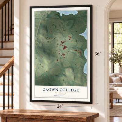 Crown College, Minnesota map, 24 x 36 inch print in a black frame by a staircase