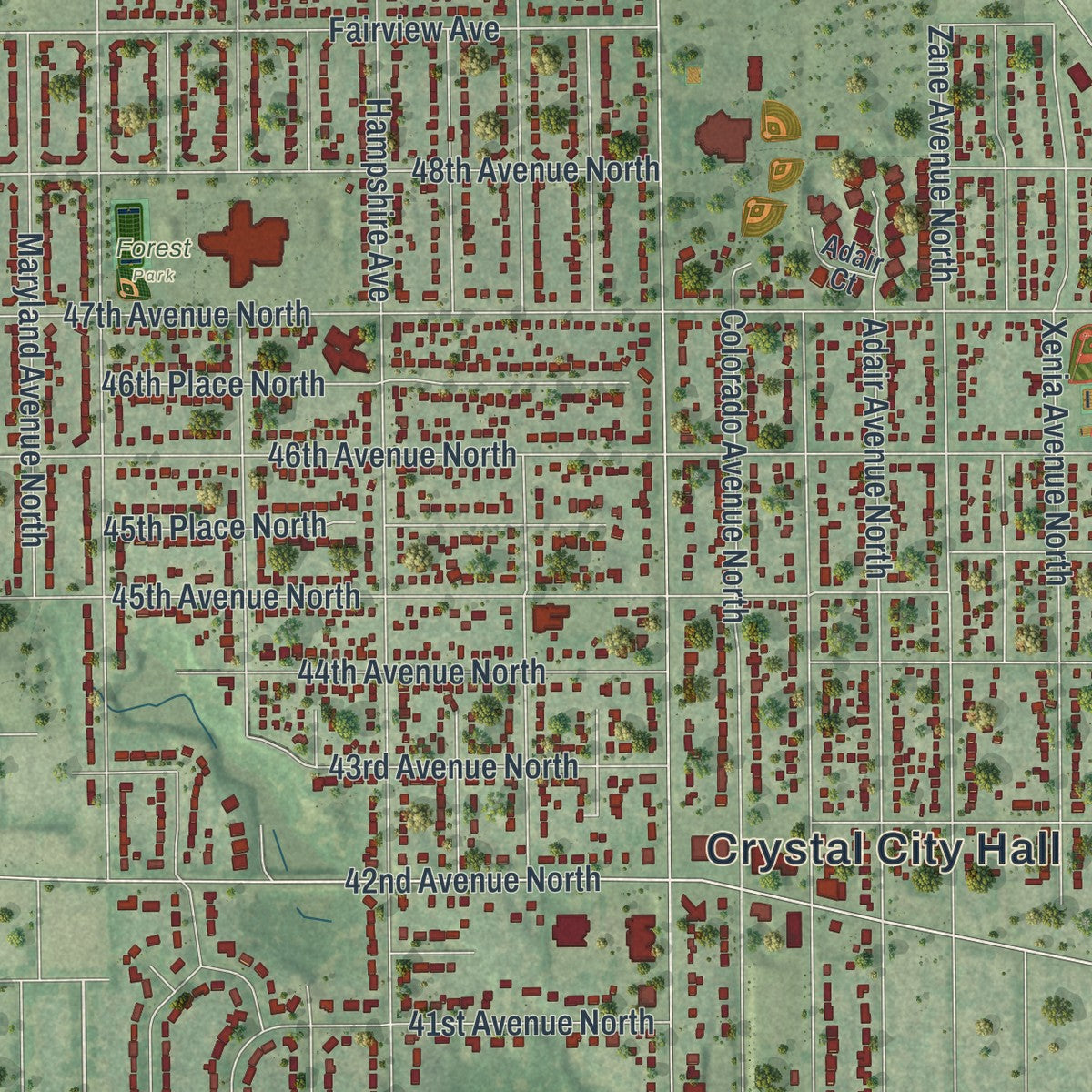 Close-up of the map of Crystal, Minnesota print showing street and building detail