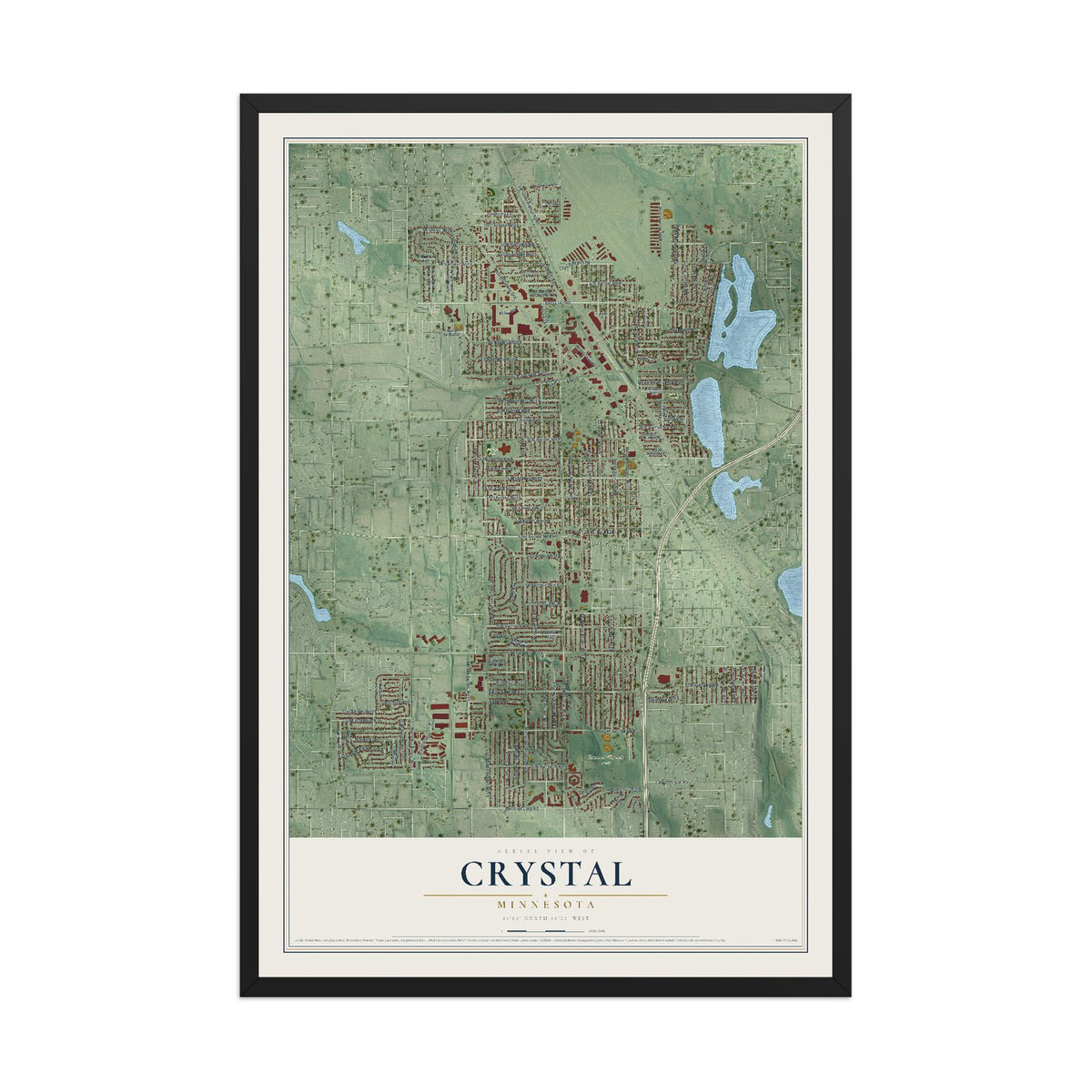 Map of Crystal, Minnesota, 12 x 18 inch print in a black wood frame