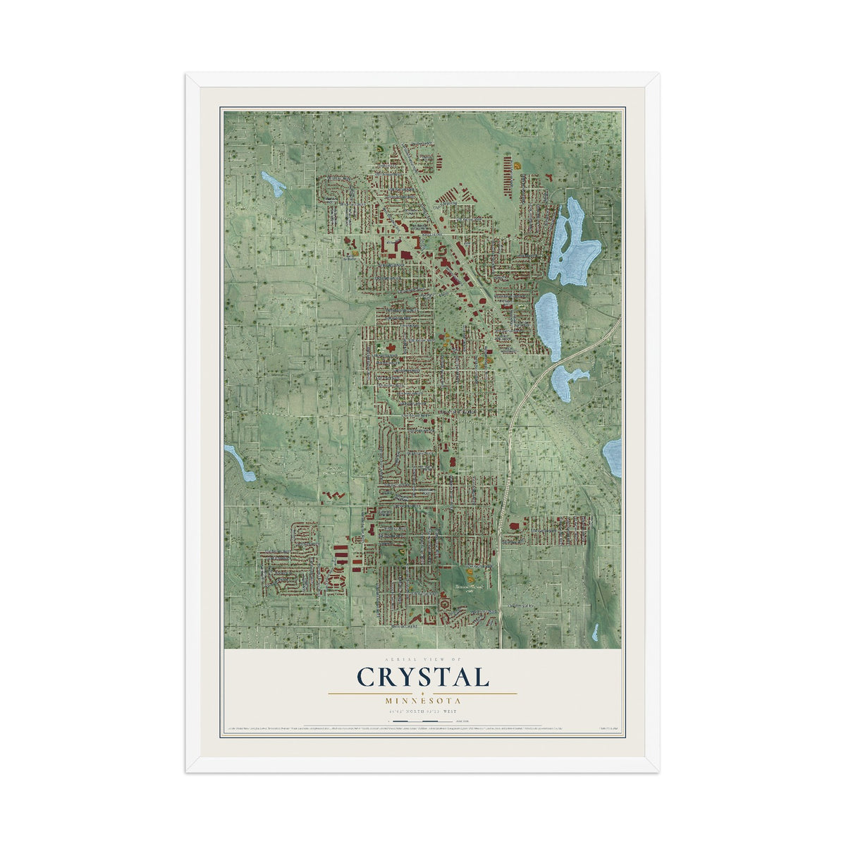 Map of Crystal, Minnesota, 12 x 18 inch print in a white wood frame