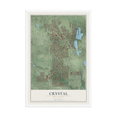 Map of Crystal, Minnesota, 12 x 18 inch print in a white wood frame