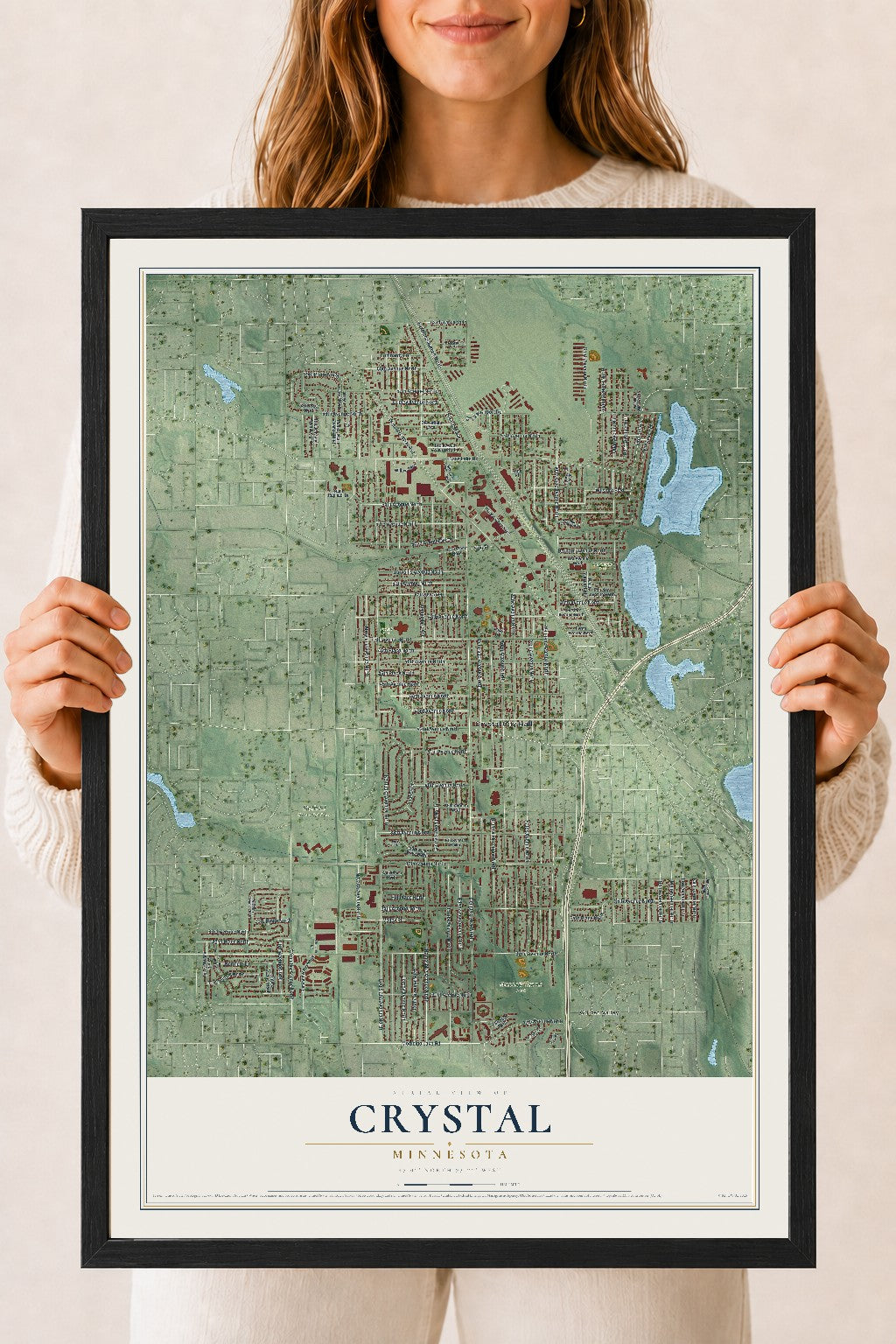 Map of Crystal, Minnesota, 18 x 24 inch print in a black wood frame