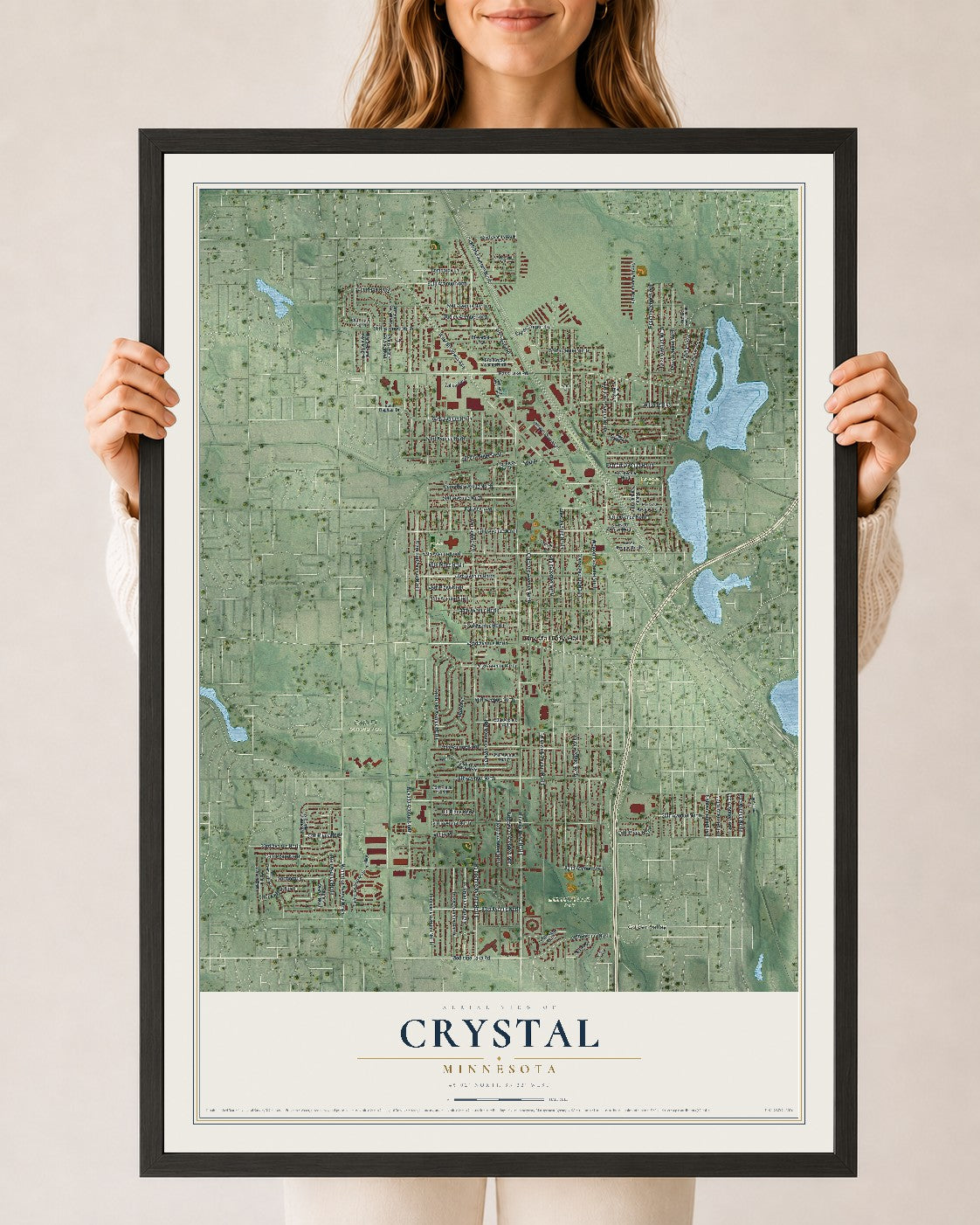 Map of Crystal, Minnesota, 24 x 36 inch print in a black wood frame