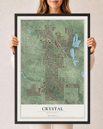 Map of Crystal, Minnesota, 24 x 36 inch print in a black wood frame