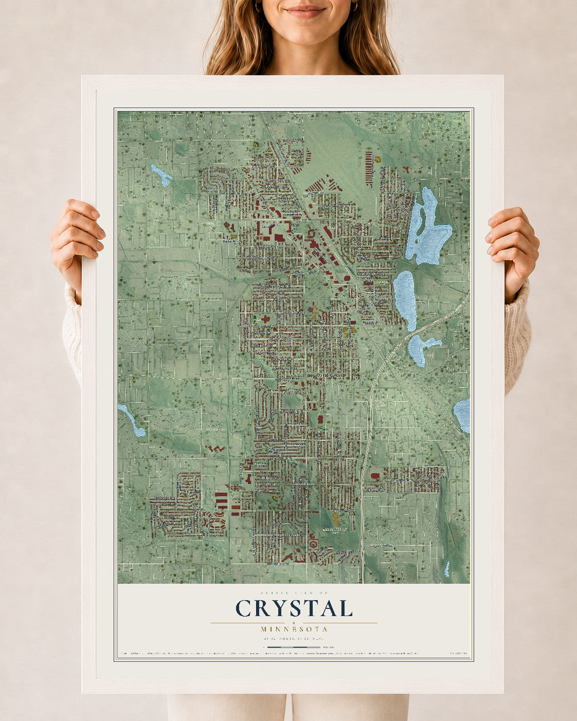 Map of Crystal, Minnesota, 24 x 36 inch print in a white wood frame