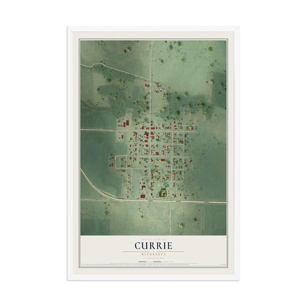 Map of Currie, Minnesota, 12 x 18 inch print in a white wood frame