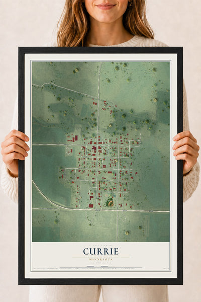Map of Currie, Minnesota, 18 x 24 inch print in a black wood frame