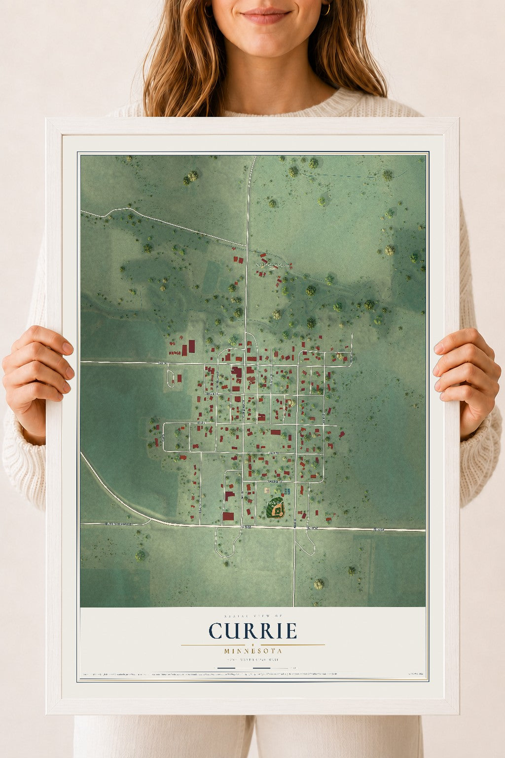 Map of Currie, Minnesota, 18 x 24 inch print in a white wood frame