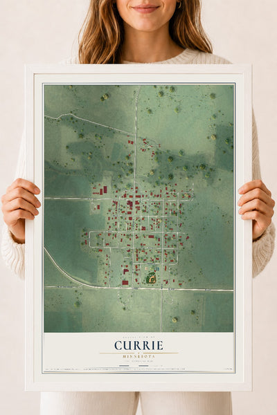 Map of Currie, Minnesota, 18 x 24 inch print in a white wood frame