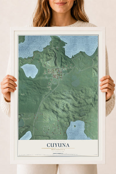 Map of Cuyuna, Minnesota, 18 x 24 inch print in a white wood frame