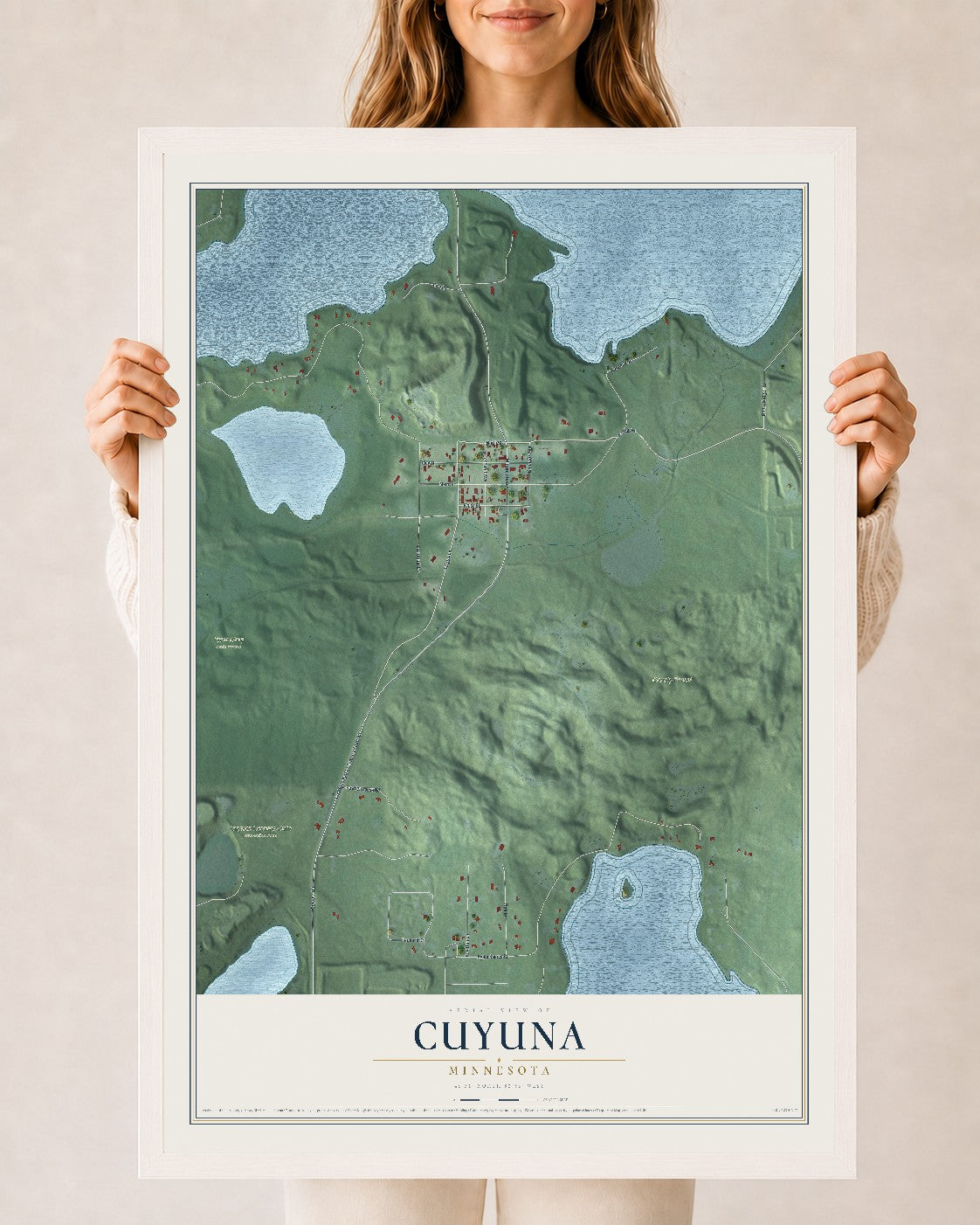 Map of Cuyuna, Minnesota, 24 x 36 inch print in a white wood frame