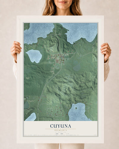 Map of Cuyuna, Minnesota, 24 x 36 inch print in a white wood frame