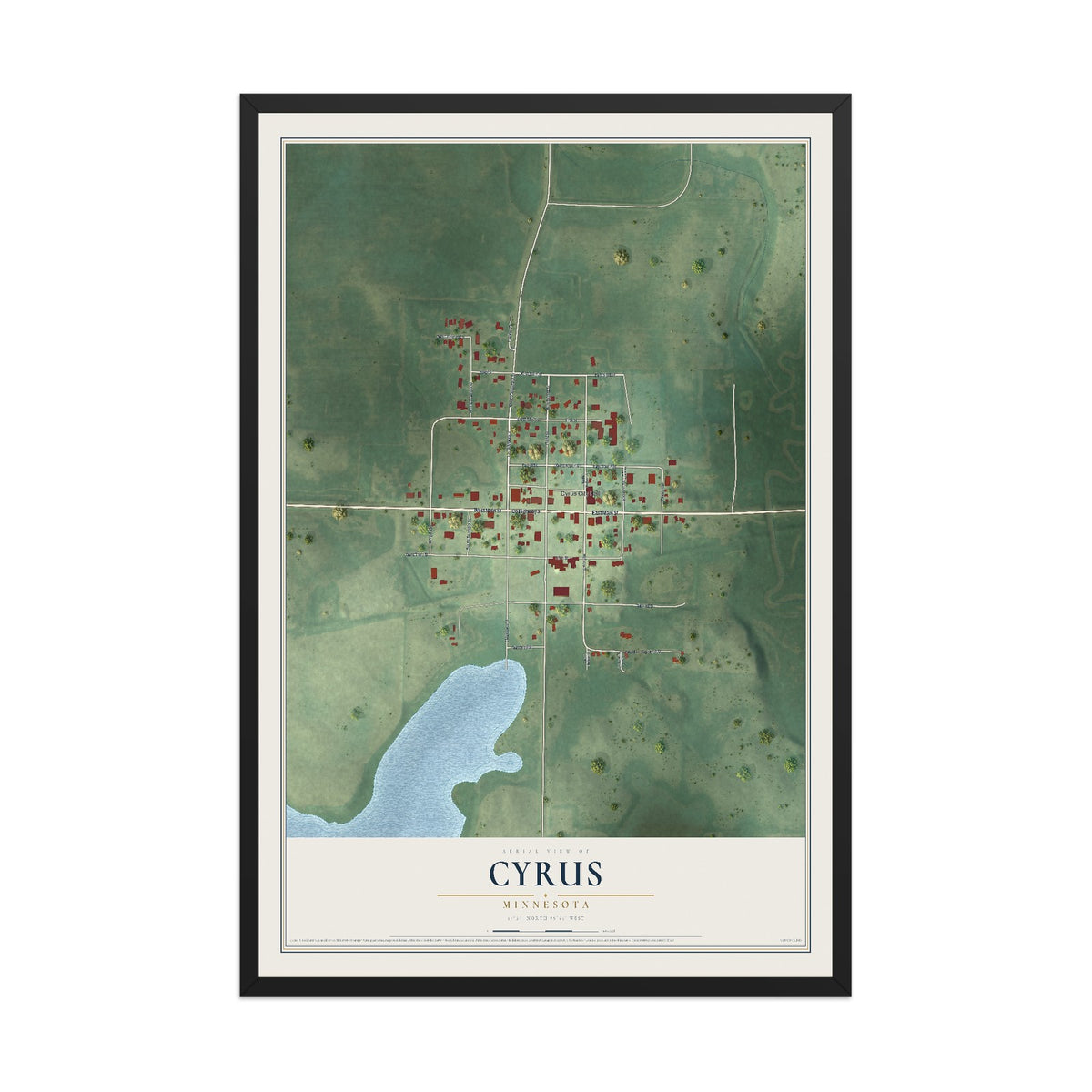Map of Cyrus, Minnesota, 12 x 18 inch print in a black wood frame