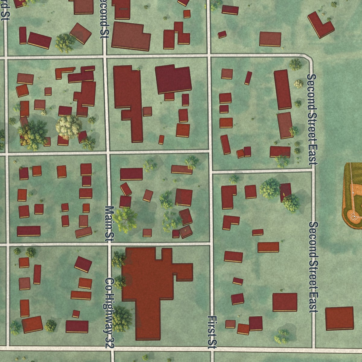 Close-up of the map of Danube, Minnesota print showing street and building detail