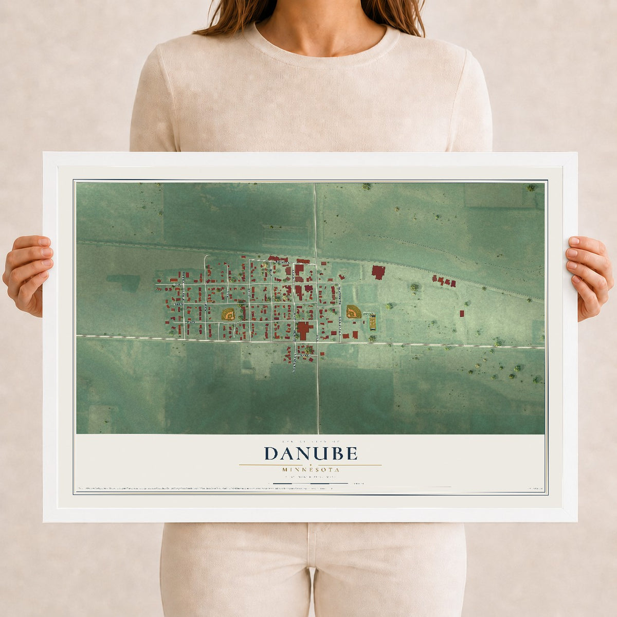 Map of Danube, Minnesota, 12 x 18 inch print in a white wood frame