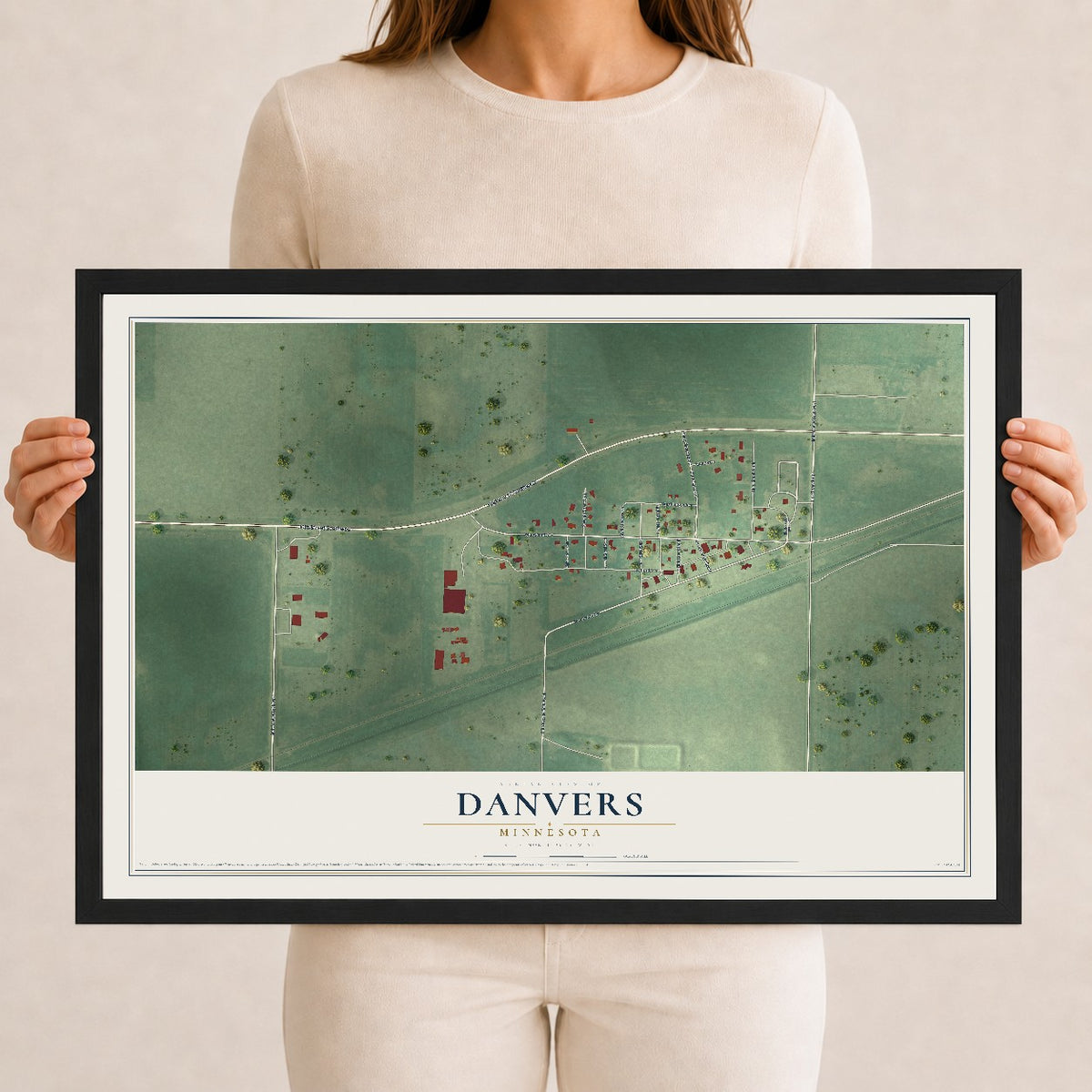 Map of Danvers, Minnesota, 12 x 18 inch print in a black wood frame