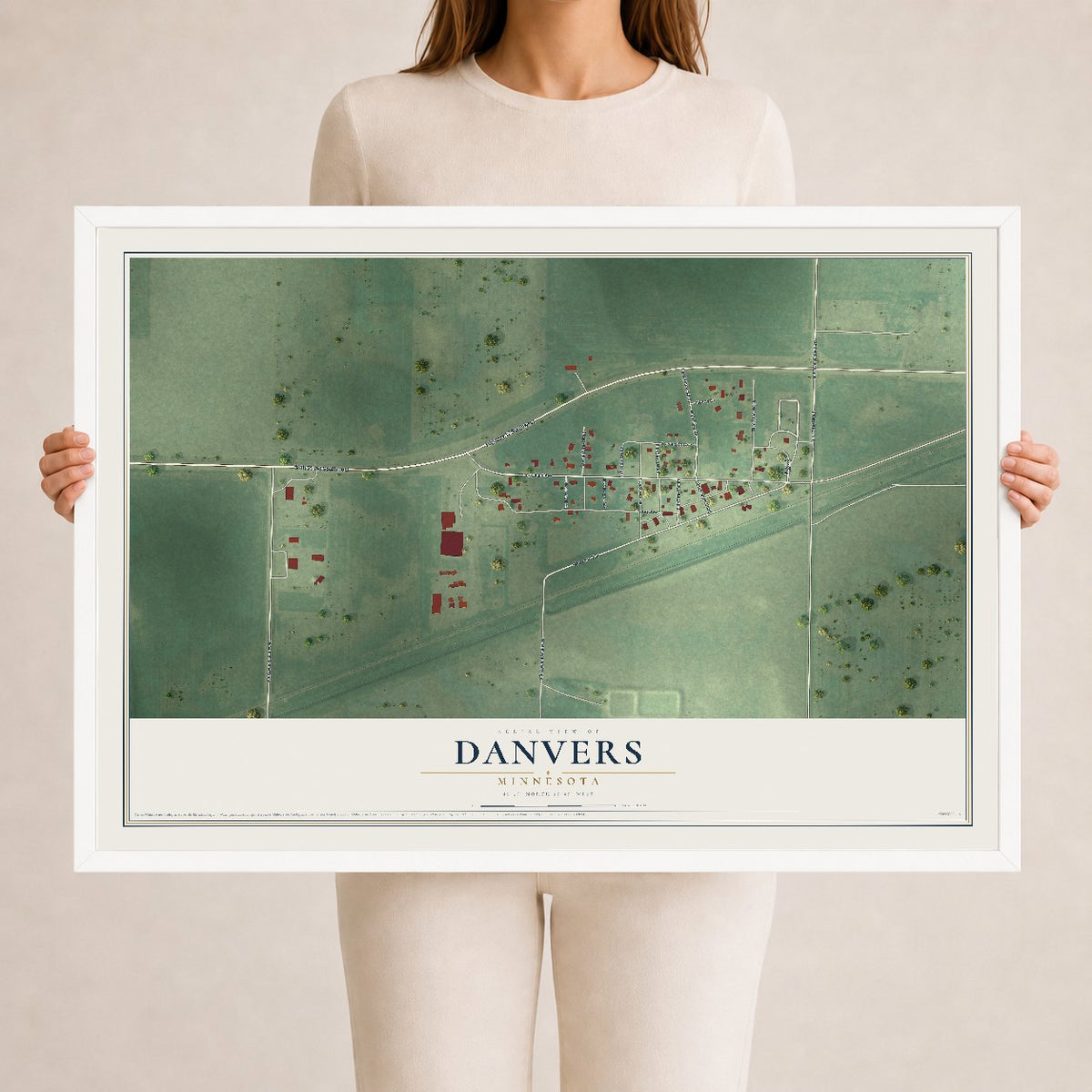 Map of Danvers, Minnesota, 24 x 36 inch print in a white wood frame