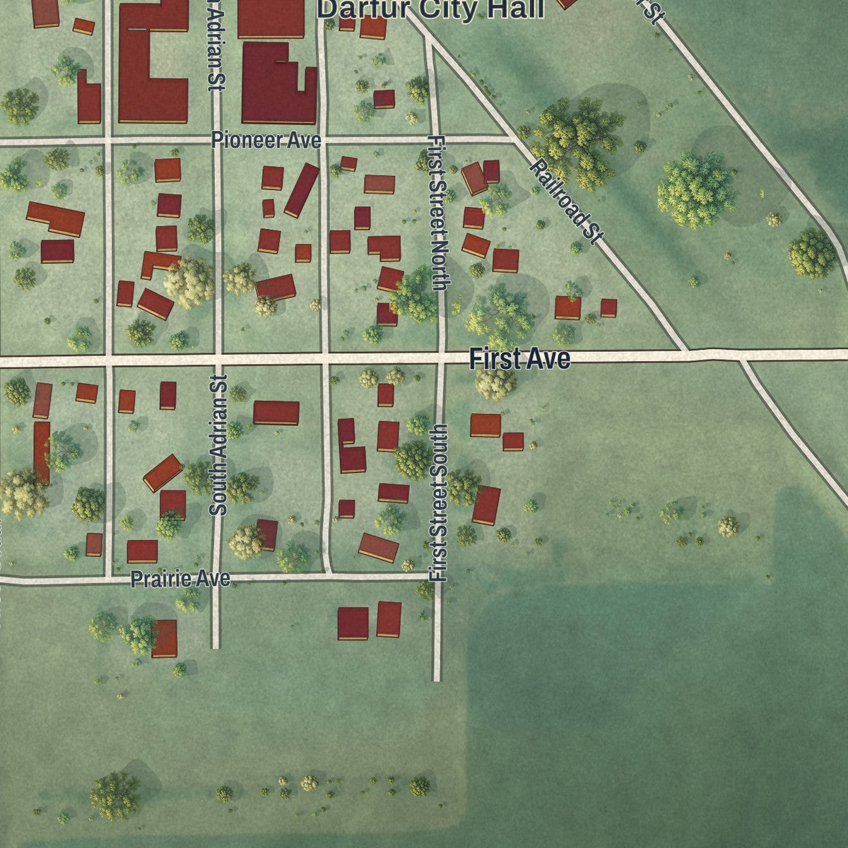Close-up of the map of Darfur, Minnesota print showing street and building detail