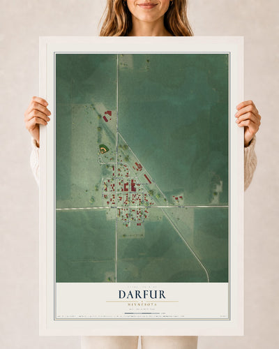 Map of Darfur, Minnesota, 24 x 36 inch print in a white wood frame