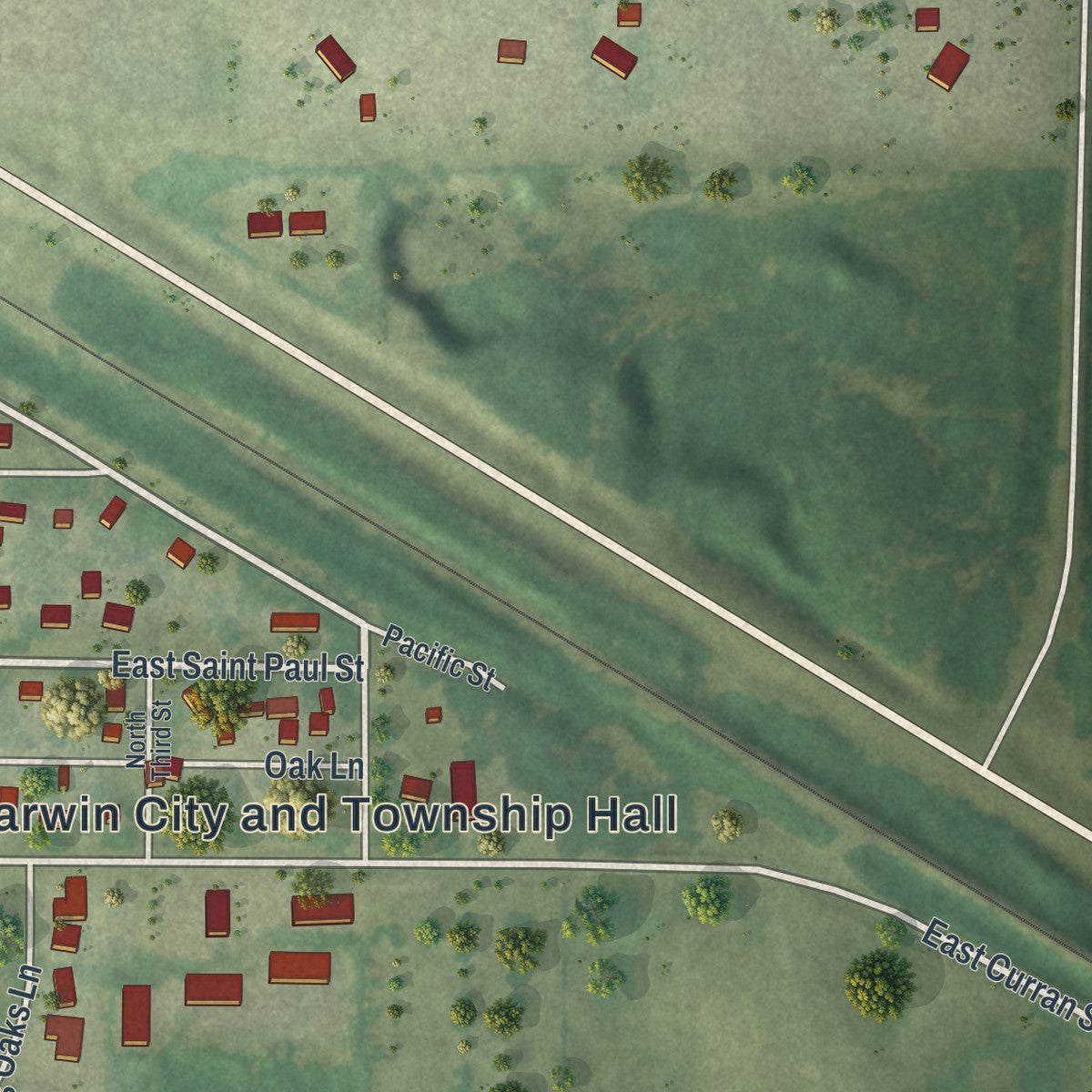 Close-up of the map of Darwin, Minnesota print showing street and building detail