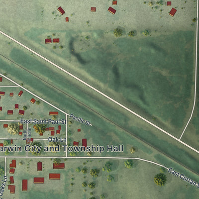 Close-up of the map of Darwin, Minnesota print showing street and building detail