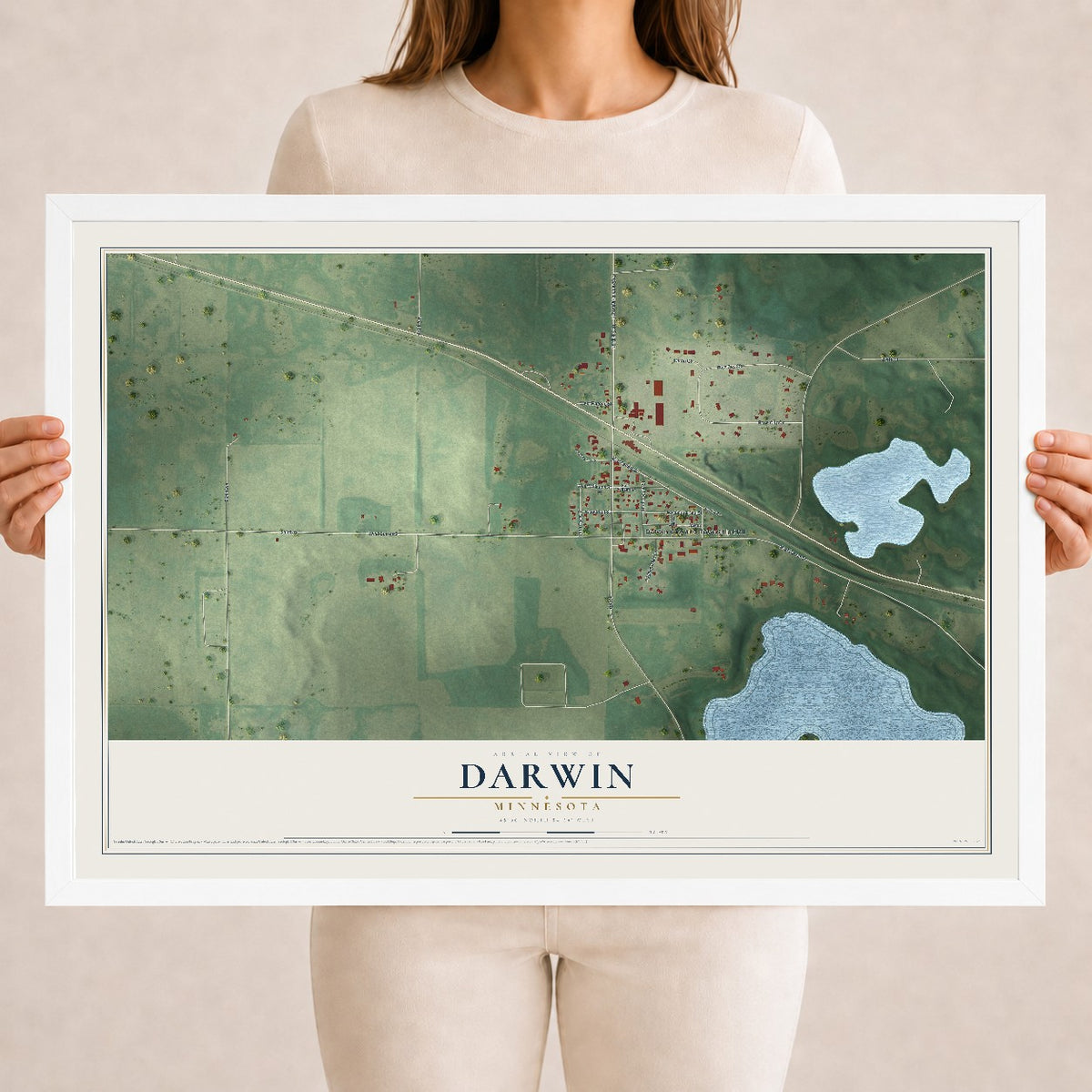 Map of Darwin, Minnesota, 18 x 24 inch print in a white wood frame