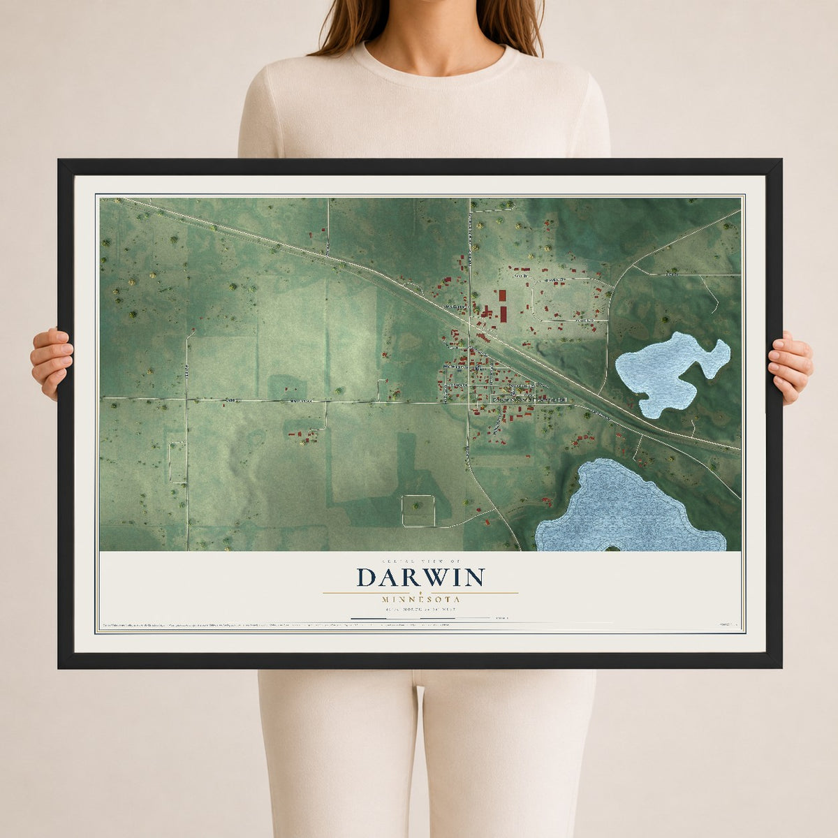 Map of Darwin, Minnesota, 24 x 36 inch print in a black wood frame