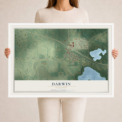 Map of Darwin, Minnesota, 24 x 36 inch print in a white wood frame