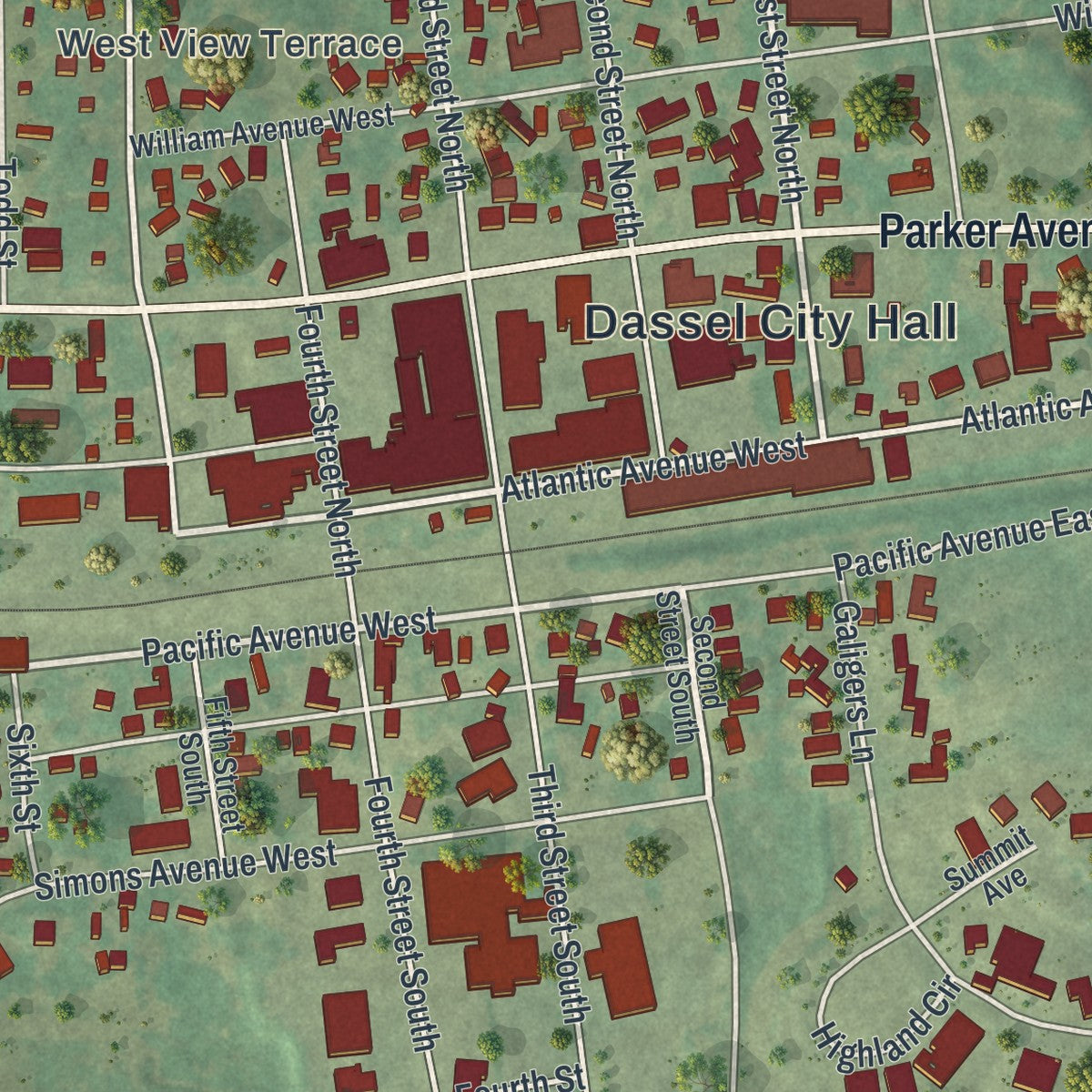 Close-up of the map of Dassel, Minnesota print showing street and building detail