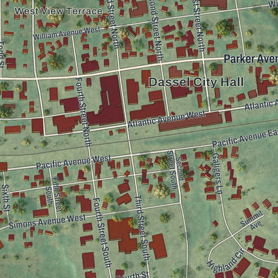 Close-up of the map of Dassel, Minnesota print showing street and building detail