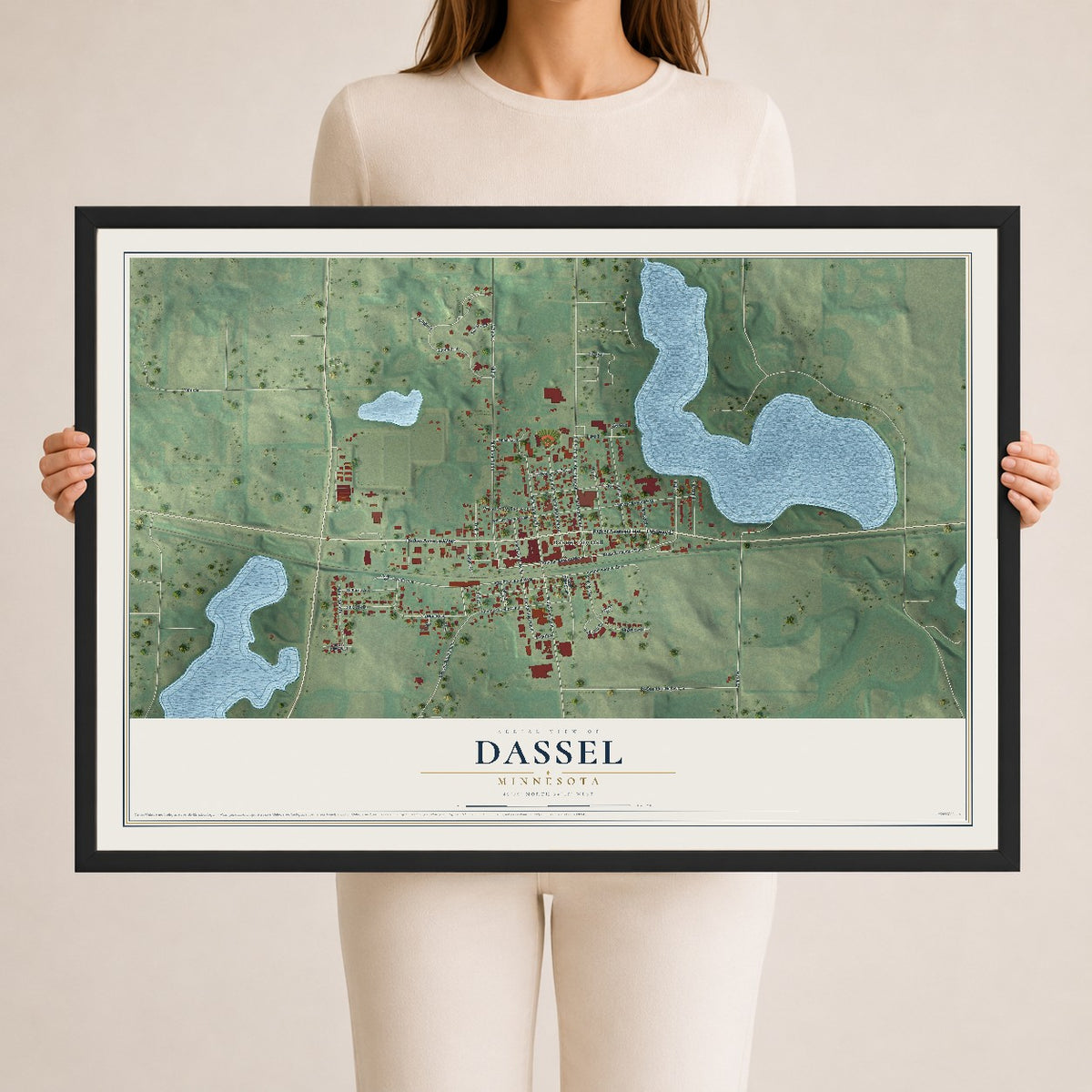 Map of Dassel, Minnesota, 24 x 36 inch print in a black wood frame