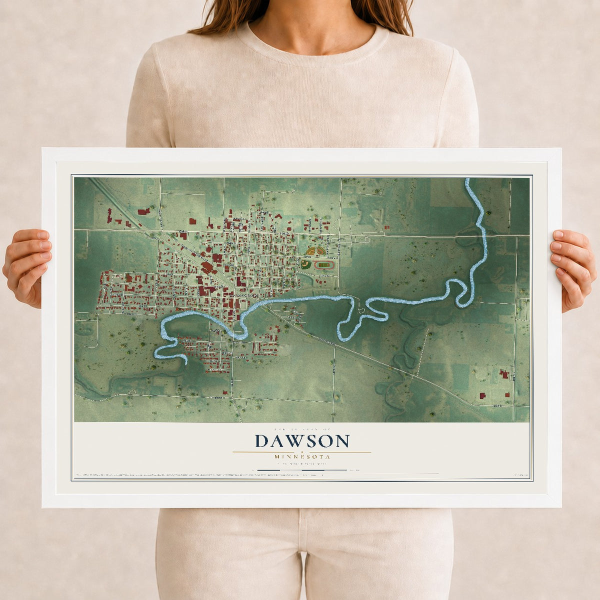 Map of Dawson, Minnesota, 12 x 18 inch print in a white wood frame