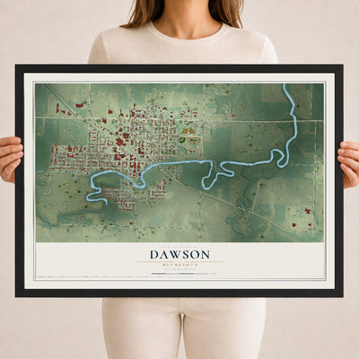 Map of Dawson, Minnesota, 18 x 24 inch print in a black wood frame