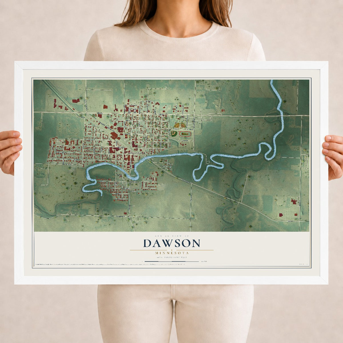 Map of Dawson, Minnesota, 18 x 24 inch print in a white wood frame