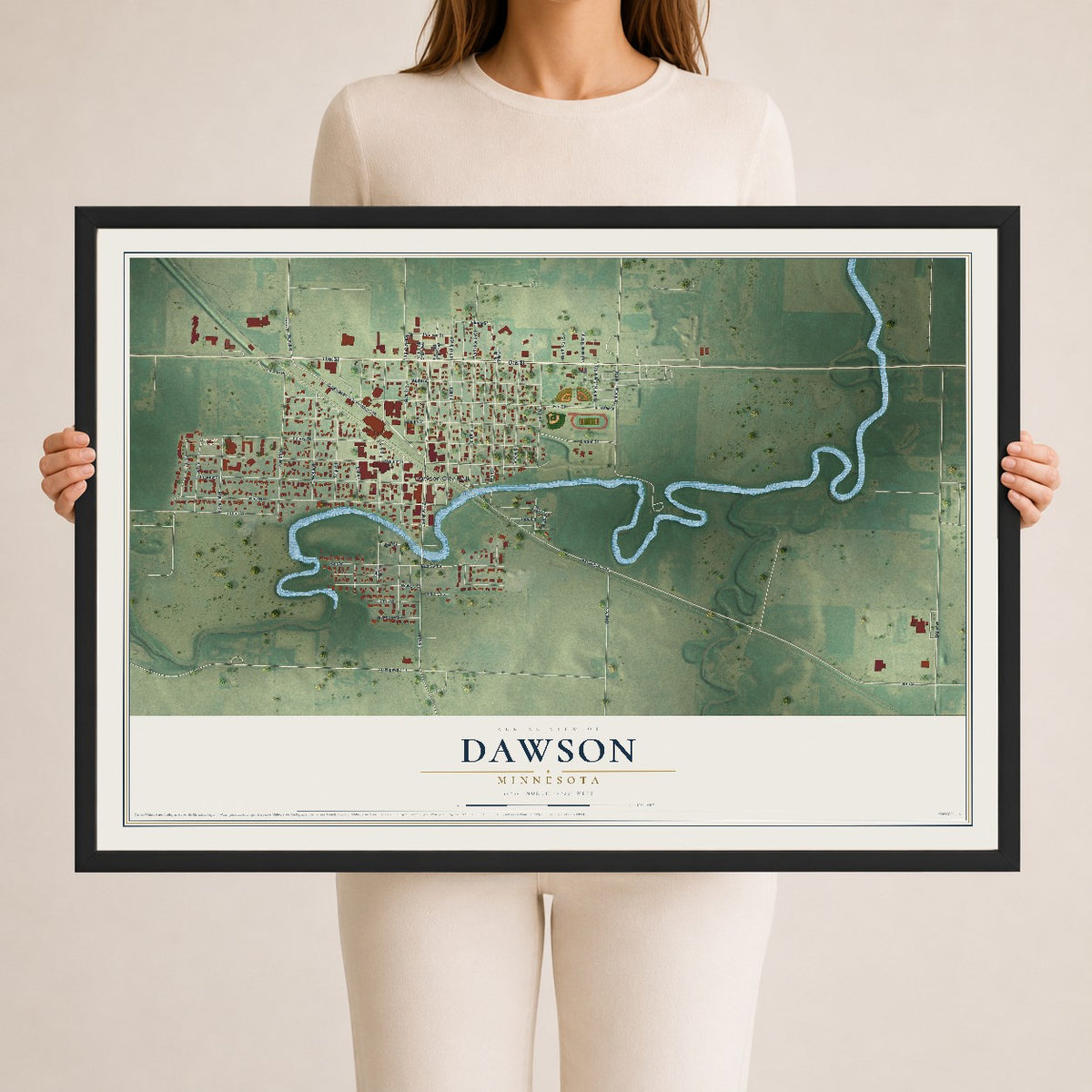 Map of Dawson, Minnesota, 24 x 36 inch print in a black wood frame