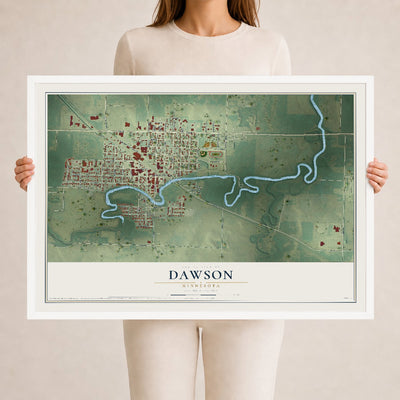 Map of Dawson, Minnesota, 24 x 36 inch print in a white wood frame