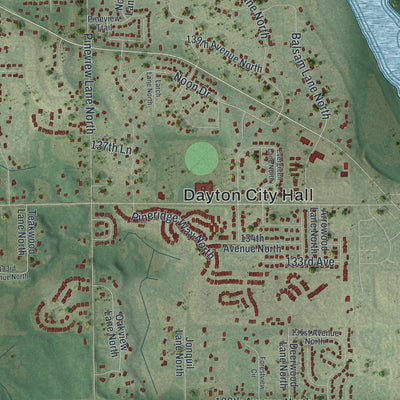Close-up of the map of Dayton, Minnesota print showing street and building detail