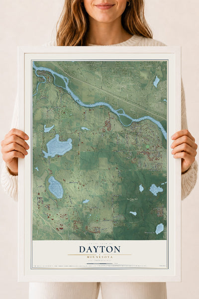 Map of Dayton, Minnesota, 18 x 24 inch print in a white wood frame