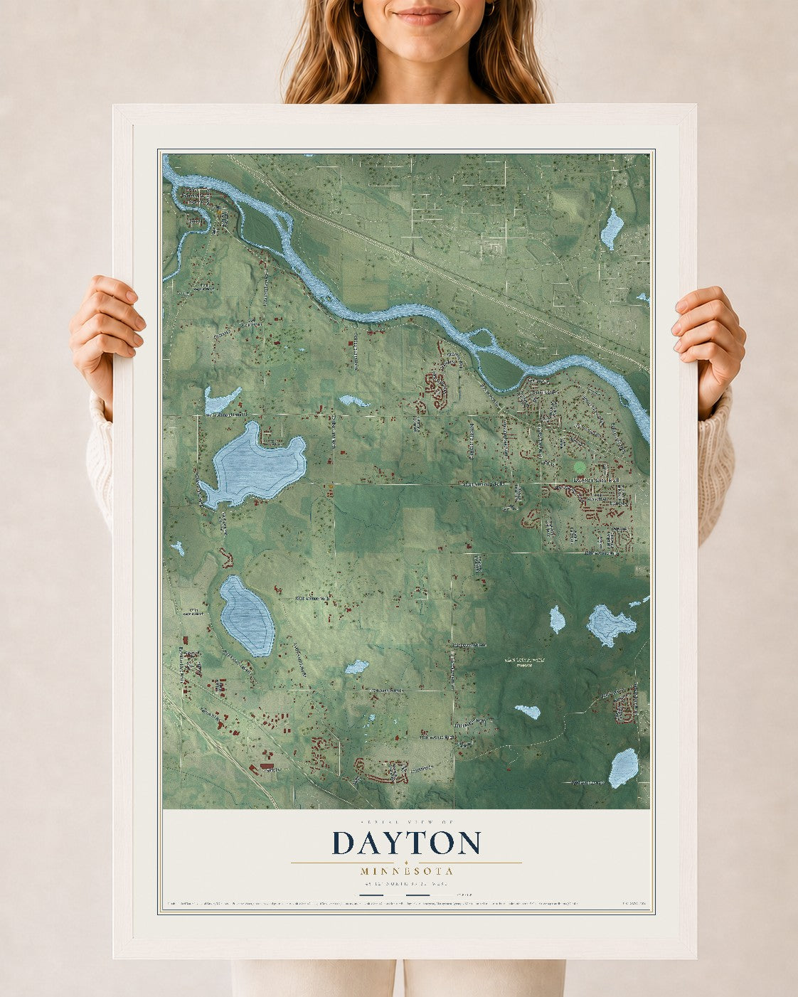 Map of Dayton, Minnesota, 24 x 36 inch print in a white wood frame