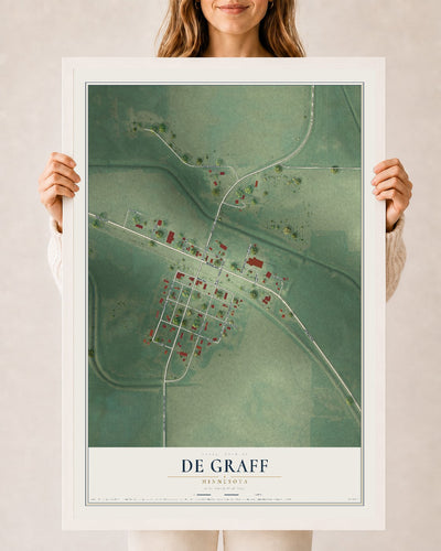 Map of De Graff, Minnesota, 24 x 36 inch print in a white wood frame