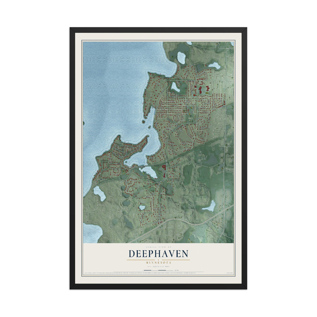 Map of Deephaven, Minnesota, 12 x 18 inch print in a black wood frame
