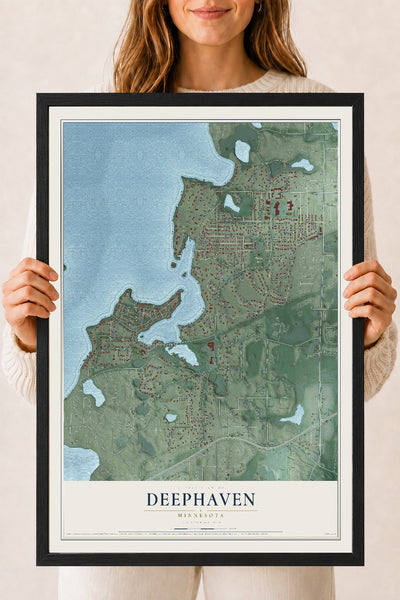 Map of Deephaven, Minnesota, 18 x 24 inch print in a black wood frame