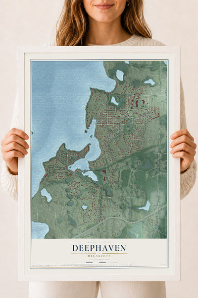 Map of Deephaven, Minnesota, 18 x 24 inch print in a white wood frame