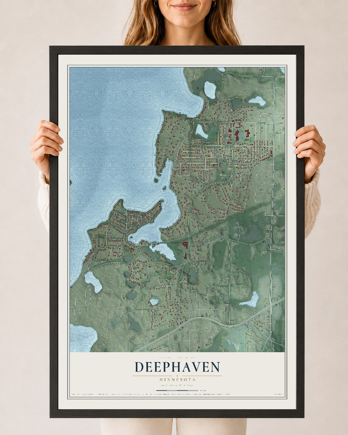 Map of Deephaven, Minnesota, 24 x 36 inch print in a black wood frame