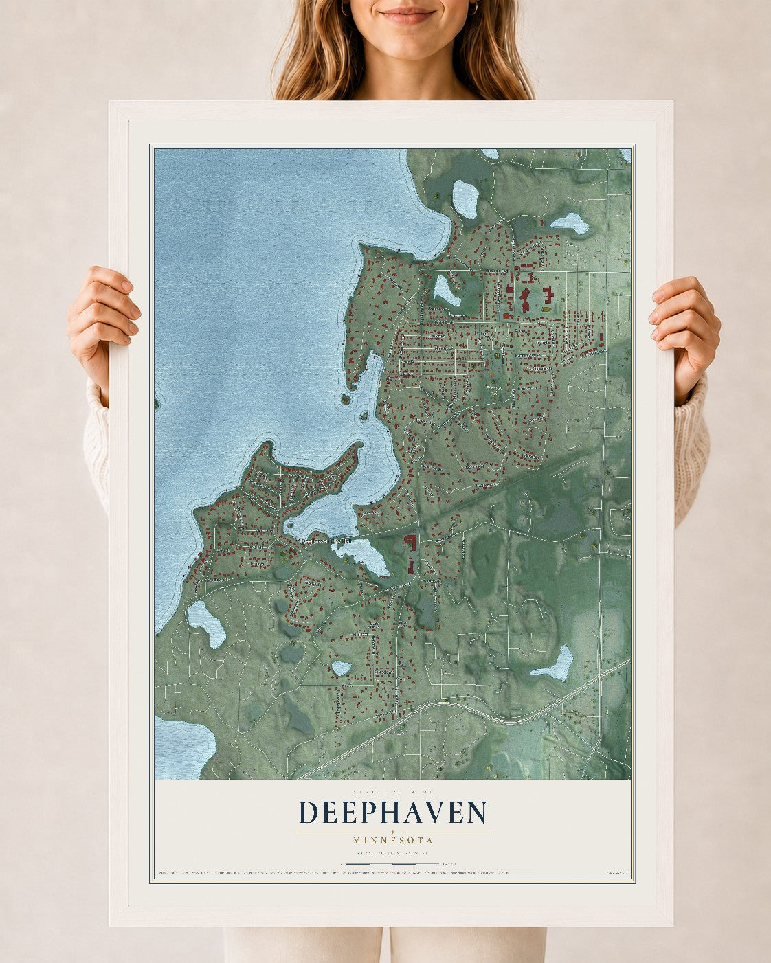 Map of Deephaven, Minnesota, 24 x 36 inch print in a white wood frame