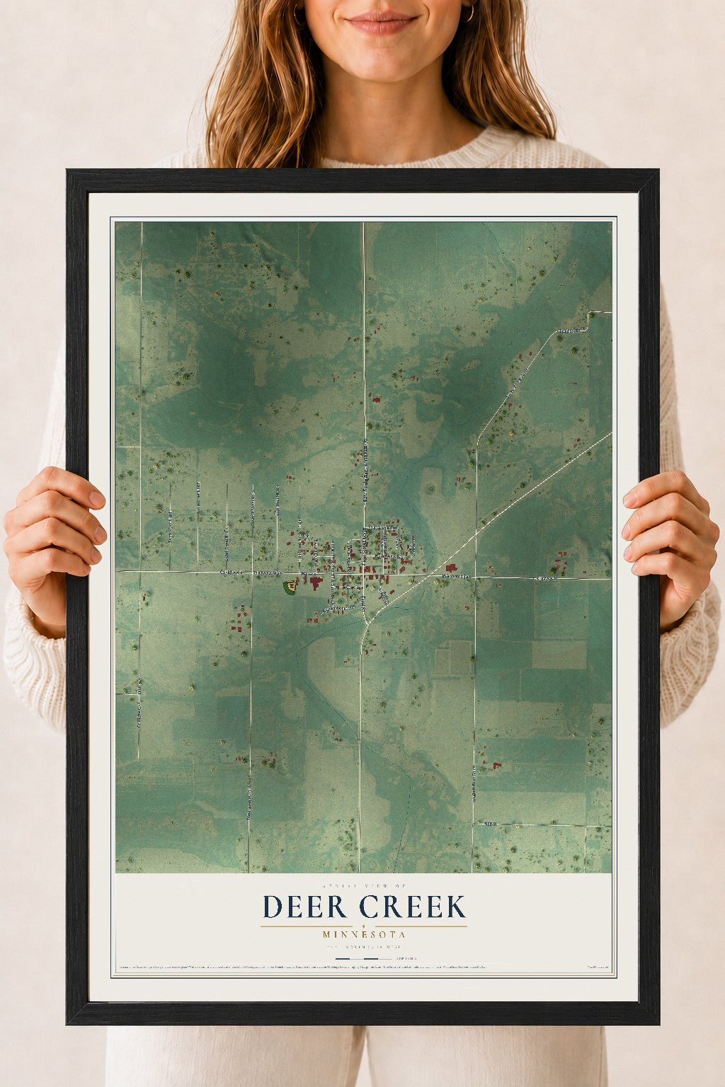 Map of Deer Creek, Minnesota, 18 x 24 inch print in a black wood frame