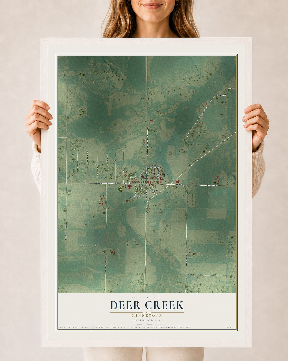 Map of Deer Creek, Minnesota, 24 x 36 inch print in a white wood frame