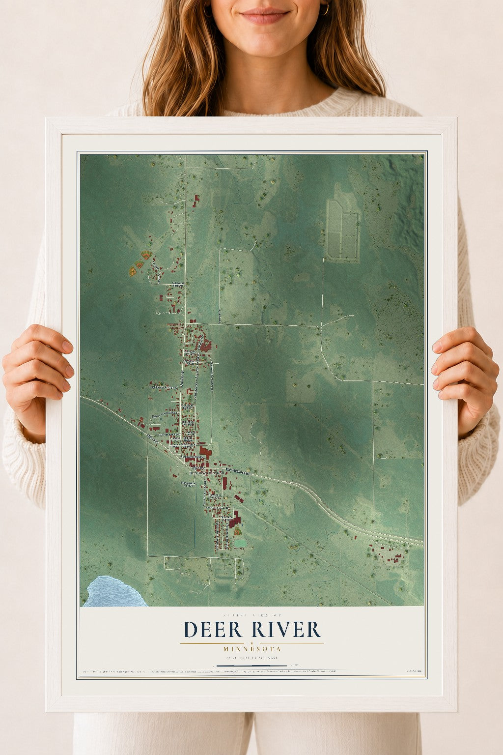 Map of Deer River, Minnesota, 18 x 24 inch print in a white wood frame