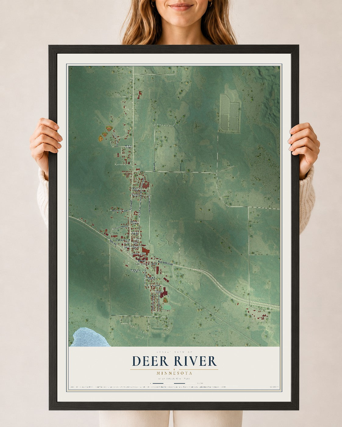 Map of Deer River, Minnesota, 24 x 36 inch print in a black wood frame