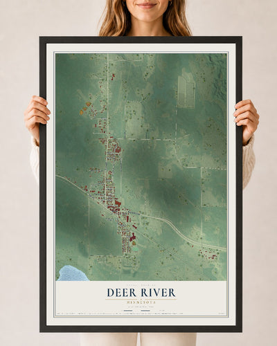 Map of Deer River, Minnesota, 24 x 36 inch print in a black wood frame